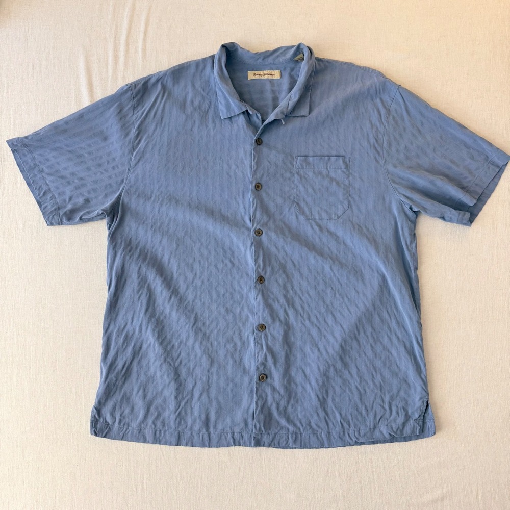 Tommy Bahama Silk Textured Stripe Button Down Shirt Mens XXL Blue